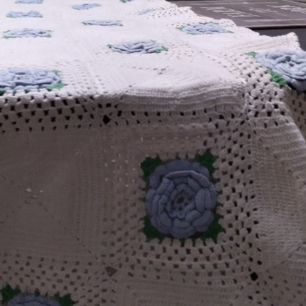 Vintage Handmade Crochet Table Runner, Large with Blue Rosettes